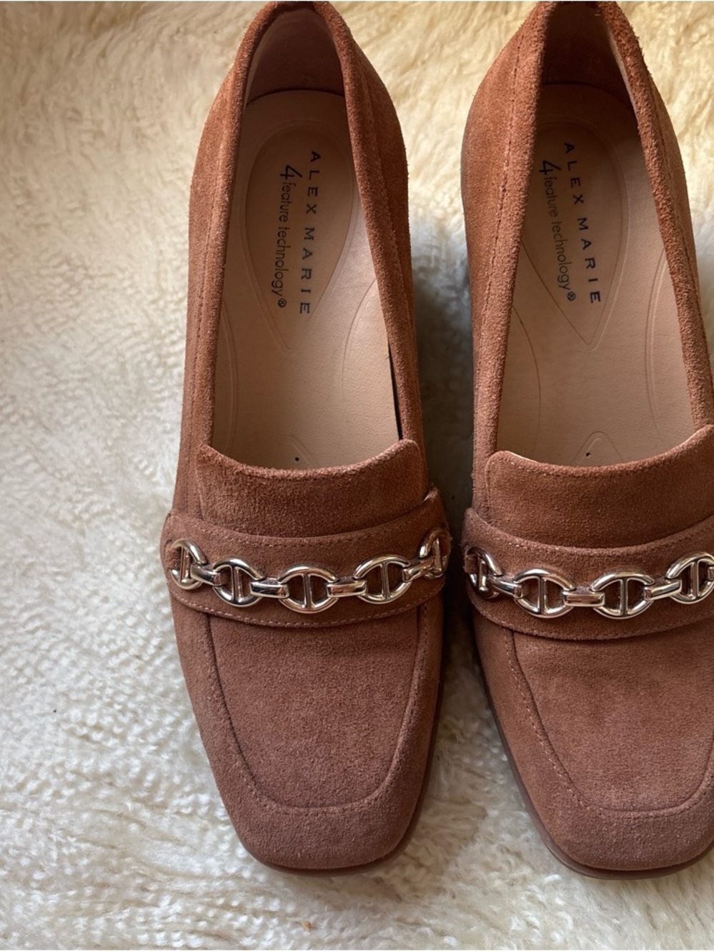 Alex Marie Chestnut Suede Loafers with Chain Detail